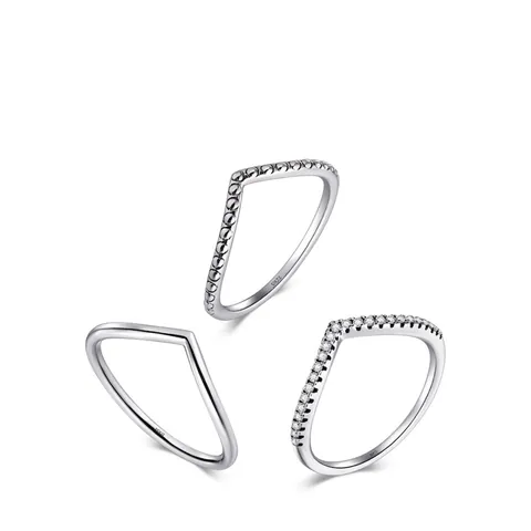 V Shape Wishbone Ring S925 Sterling Silver Zircon Geometric Minimalist Beaded Stackable Jewelry For Women