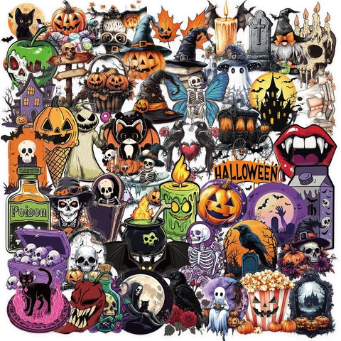 Adesivi Halloween in PET Impermeabile Cartone Animato Gotico Zucca Scheletro Fantasma per Scrapbooking Diario Laptop