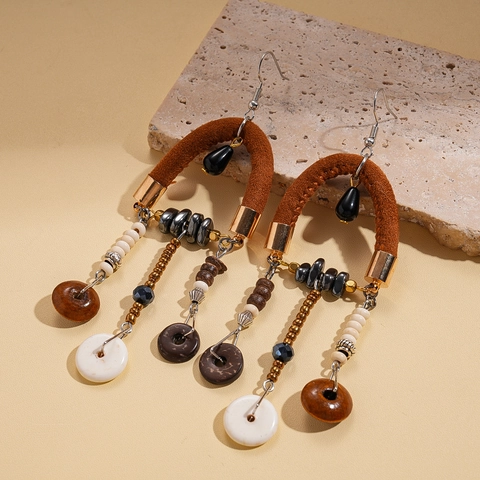 Boheemse Kwastje Hangende Oorbellen Suede Kokosnootschil Hout Glas Kralen Etnische Vintage Sieraden Voor Vrouwen