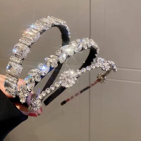 Luxury Alloy Rhinestone Headband With Crystal Geometric Square Leaf Design Shiny Hair Accessories For Women