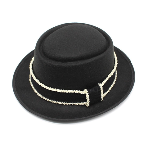 Retro Pork Pie Hat Wool Felt Fedora With Artificial Pearl Beaded Ribbon Trim Elegant Short Brim Jazz Cap For Men Women