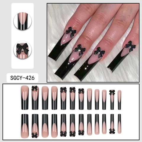 Uñas Postizas Largas Coffin Francesas Lazo Negro Diamantes De Imitación Estilo Sweet Cool Manicura Profesional Decorativa