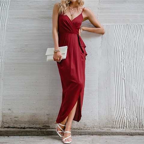 Spaghetti Strap Maxi Jurk Dames Sexy V Hals Hoge Split Rugloos Effen Kleur Polyester Slim Fit Party Clubwear