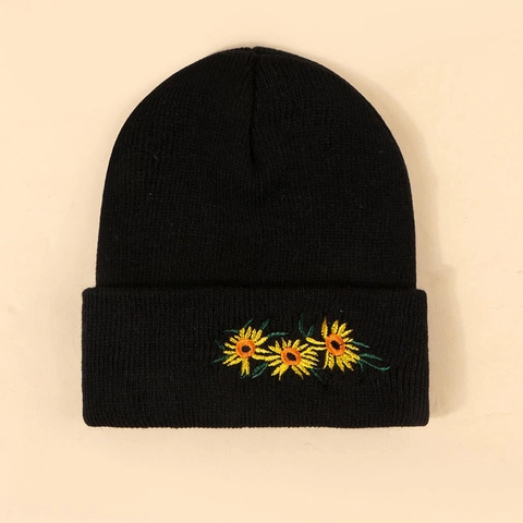 Acrylic Knitted Beanie Hat Warm Winter Cuff Embroidered Rose Sunflower Planet Pattern Casual For Men Women