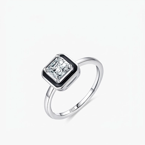 Anello In Zircone Quadrato Argento Sterling 925 Smalto Nero Gioielli Di Moda Geometrici Moderni Di Tendenza Per Donne