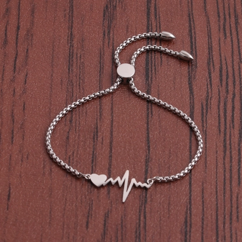 Pulsera De Corazon Latido ECG Titanio Acero Inoxidable Ajustable Hebilla Deslizante Cadena De Eslabones Joyeria