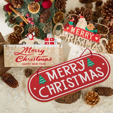 Merry Christmas Hanging Sign Wooden Door Wall Decoration Festive Holiday Home Party Rustic Ornament Santa Reindeer