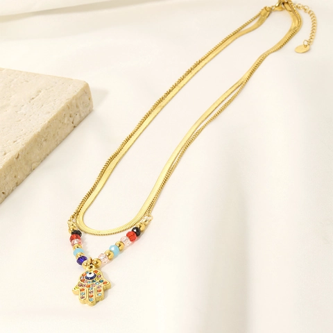 Lagenhalskette Edelstahl 18K Vergoldet Farbige Perlen Strass Hamsa Hand Böser Blick Anhänger Böhmisch Damen