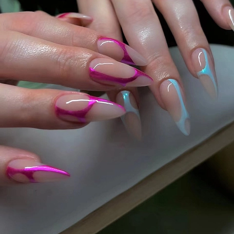 Long Almond Press On Nails Aurora Metallic Dual Color Rose Red Lake Green Glossy Artificial Fashionable Nail Tips