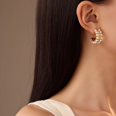 Orecchini A Lobo A Forma Di C In Acciaio Inossidabile Con Künstliche Perle Sintetiche E Zircone Vintage Elegante Per Donna