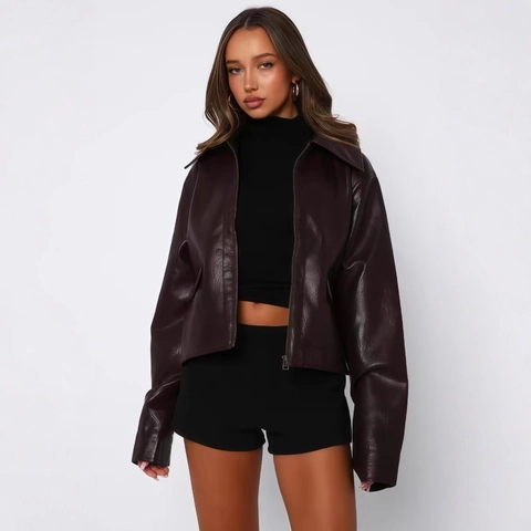 Giacca Da Motociclista In Ecopelle Da Donna Corta Moto Colletto Revers Cerniera Streetwear Casual