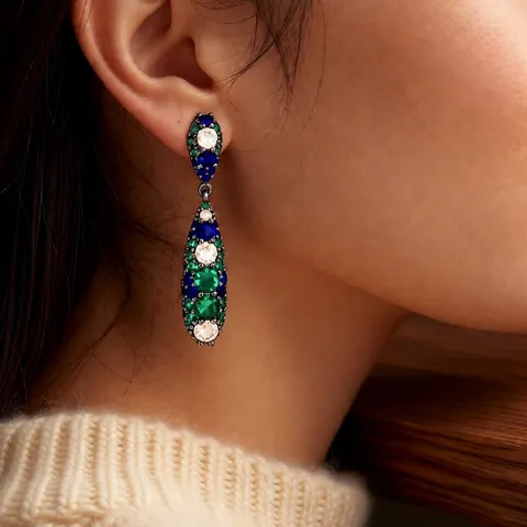 Vintage Water Drop Pendant Earrings With Multi Color Zircon Copper Gun Black Finish Silver Earring Post For Women