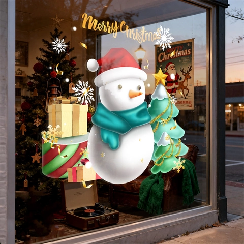 Christmas Window Stickers 3D Snowman Christmas Tree Glass Door Decals Static Cling PVC Double Sided Festive Decoration