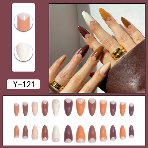 French Tip Kunstnagels Amandelvorm Lange Kunstnagels Kleurblokkering Aardetinten Verwijderbare Manicure