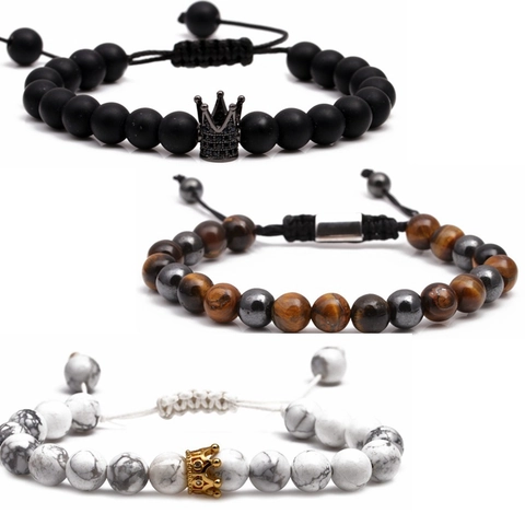 Naturstein Perlenarmband Tigerauge Weißer Türkis Kronenanhänger Verstellbares Geflochtenes Seil Schmuck Für Damen Herren