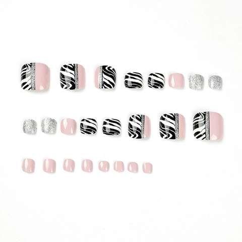 Press On Toe Nails Glossy Plastic Zebra Stripe Nude Pink Silver Glitter Fashion Square Foot Nail Art For Women