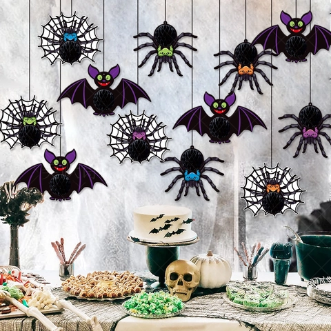 Decorazioni Da Appendere Halloween Nido D'ape In Carta Ragni Pipistrelli Ragnatela Ornamento 3D Oggetti Di Scena Festa Casa Stregata