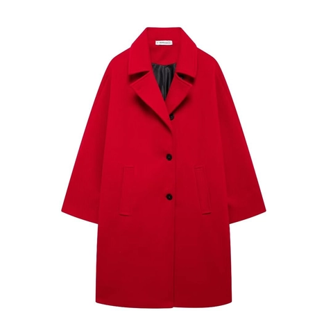 Dames Jas Met Wollook Halflang Losse Revers Enkele Rij Knopen Rood Warm Herfst Winter