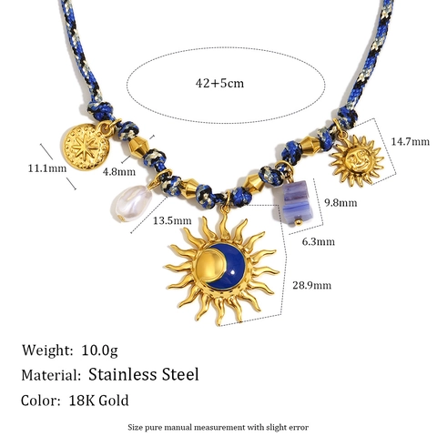 Collar Colgante Esmalte Sol Luna Estrella Acero Inoxidable Chapado Oro 18K Cadena Cuerda Tejida Perla Artificial Azul Mujeres