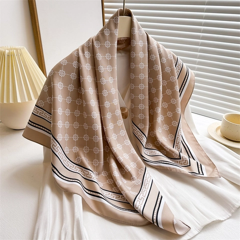 Elegant Square Scarf Polyester Satin Like Geometric Floral Print Greek Key Border Vintage French Fashion For Women
