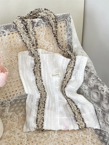 Sac Fourre-Tout À Broderie Florale Pour Femme Maille Polyester Texture Plissée Grande Capacité Sac À Bandoulière