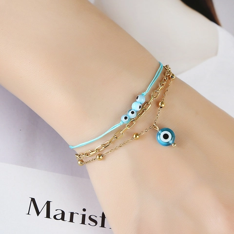 Evil Eye Multi-Layer Bracelet Stainless Steel Woven Rope Waterproof Gold Plated Bohemian Jewelry For Women Girls