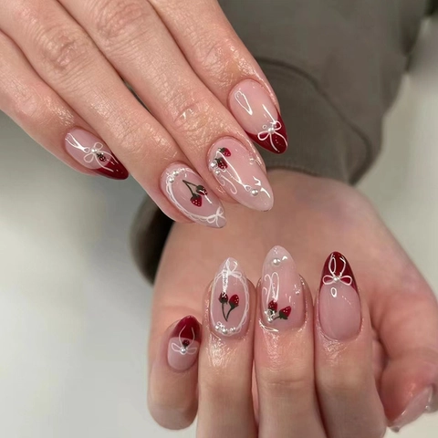 Uñas Postizas Cherry Artificial Pearl French Almond Shape Artificiales Para Mujeres Manicura Dulce Linda