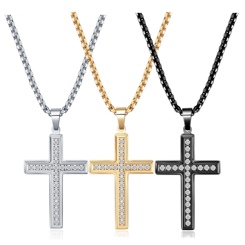 Cross Pendant Necklace 304 Stainless Steel Rhinestone Inlaid Box Chain Trendy Simple Jewelry Unisex Hip Hop