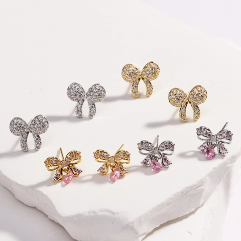 Sweet Bowknot Heart Stud Earrings Copper Pink Colorful Cubic Zirconia Elegant Jewelry For Women