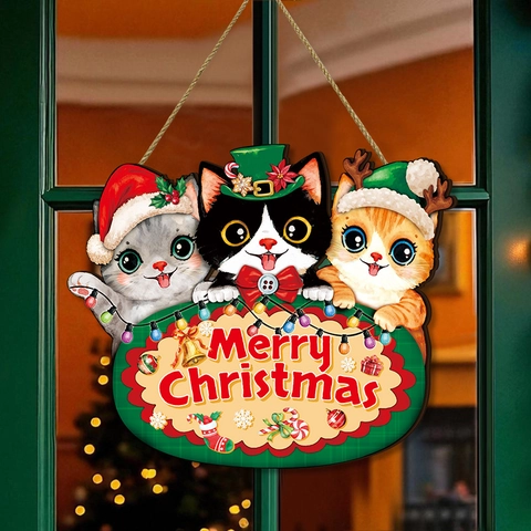 Weihnachts Türschild Holz Merry Christmas Cartoon Katzen Wandplakette Feiertag Deko Ornament