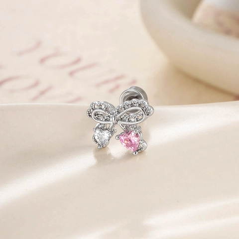 Bowknot Heart Zircon Ear Bone Stud Copper Titanium Steel Piercing Jewelry Screw Back Fashion Elegant Sweet Style