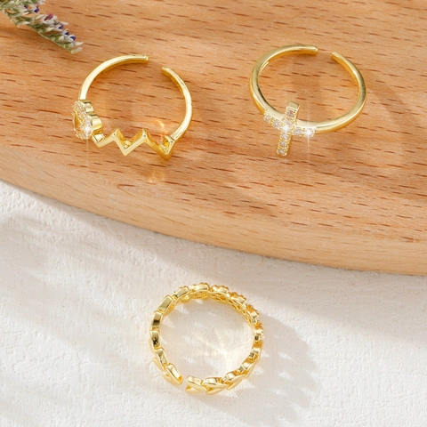 Koperen Zirconia Open Ringen Voor Dames Verstelbare Geometrische Kruis Hart Bliksem Vingerringen Minimalistische Sieraden