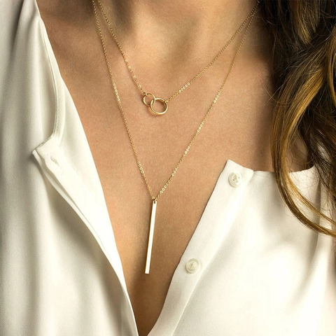 Minimalist Double Layer Necklace 316L Stainless Steel Hammered Rings And Bar Pendant Geometric Trendy Jewelry For Women