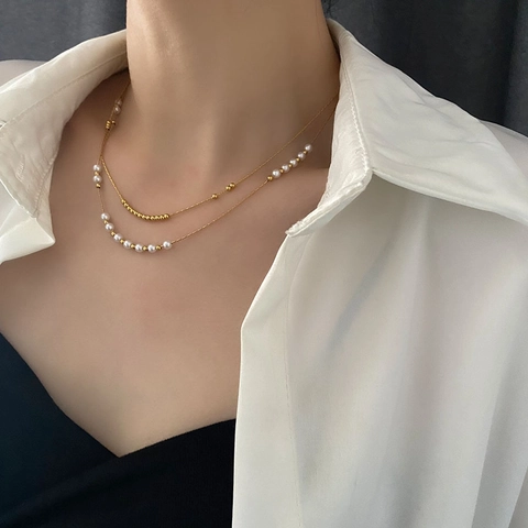 Double Layer Stainless Steel Necklace With Faux Artificial Pearl And Metal Beads Elegant Stackable Clavicle Chain For Women
