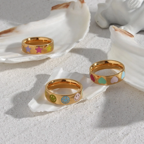 Edelstahl 18K Gold Vergoldet Ring Emaille Smiley Herz Stern Muster INS Trendiger Schmuck Für Damen