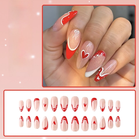 Unghie ABS Cuore Francese Unghie A Mandorla Lucide Con Glitter Rosso Manicure Romantica Di San Valentino Per Donne
