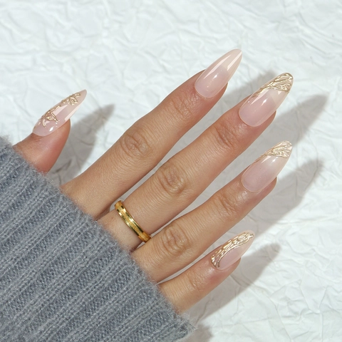 Unghie Finte Forma Mandorla 3D Oro Rilievo Nude Rosa Floreale Astratto Elegante Stile Dolce Per Donne