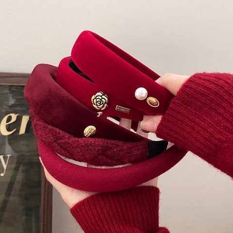 Diadema De Terciopelo Tejido Rojo Retro Francés Elegante Rojo Vino Banda Para El Cabello Con Flor Perla Artificial Decoración De Metal Para Mujeres
