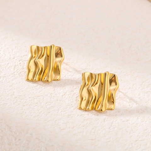 Irregular Square Stud Earrings 18K Gold Plated Stainless Steel Wave Textured Minimalist French Style For Women