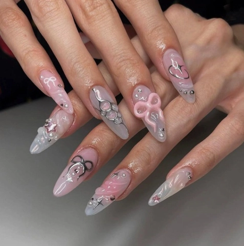 Press On Nails Lang Stiletto Rosa Farbverlauf Mit 3D Schleife Künstliche Perlen Und Strass Süßes Design Für Damen