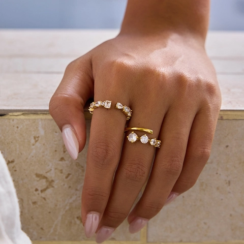Verstellbarer Offener Ring Edelstahl Vergoldet Zirkon Eingelegt Mode Luxus Schmuck Für Damen Finger Accessoire