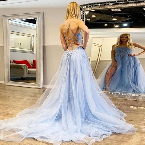 Women Lace Tulle Evening Dress Backless Lace-Up High Slit Spaghetti Strap Formal Party Prom Maxi Gown Elegant
