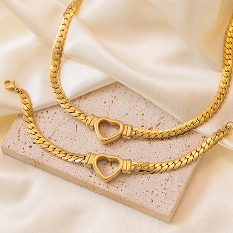 Parure Collier Et Bracelet en Acier Titane Coeur Creux Plqué Or Argent Maillon Gourmette Bijoux pour Femmes Ras du Cou Simple Elégant