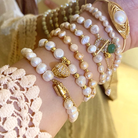 Elegante Pulsera De Perlas De Agua Dulce Con Jade Verde Aleación Bañada En Oro Real Borla Estilo Francés Ajustable Mujer