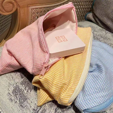 Gingham Plaid Cosmetic Bag Cotton Fabric Travel Wash Pouch Large Capacity Makeup Organizer Soft Contrast Color Portable