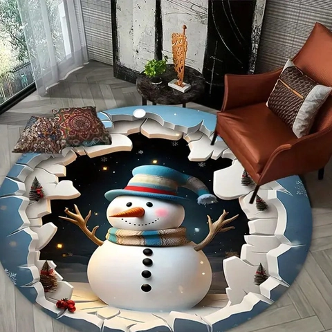 Kerst Tapijt Rond Faux Kasjmier Polyester Sneeuwpop Kerstman 3D Patroon Antislip Vloerkleed Woonkamer Decoratie