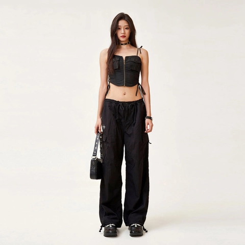 Pantalones Cargo De Nailon Para Mujer Cintura Alta Pernera Ancha Cordón Paracaidista Streetwear Bolsillos