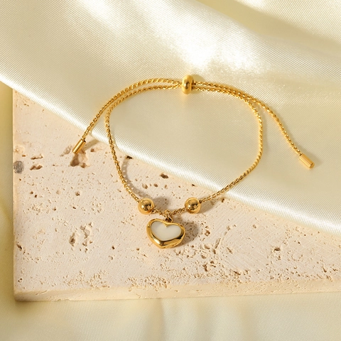 French Retro Heart Pendant Bracelet Stainless Steel 18K Gold Plated White Shell Adjustable Slider Bead Minimalist Jewelry