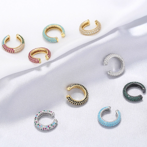 C Shape Ear Cuff Brass 18K Gold Plated Micro Pave Colorful Cubic Zirconia Non Pierced Clip On Earrings For Women