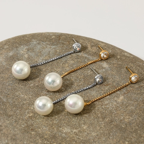 Stainless Steel Long Dangle Earrings With Faux Artificial Pearl And Cubic Zirconia Box Chain Tassel Fashion For Women Elegant